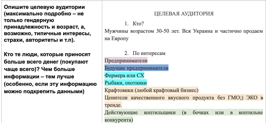 Фрагмент брифа и стратегии по проекту коптилен