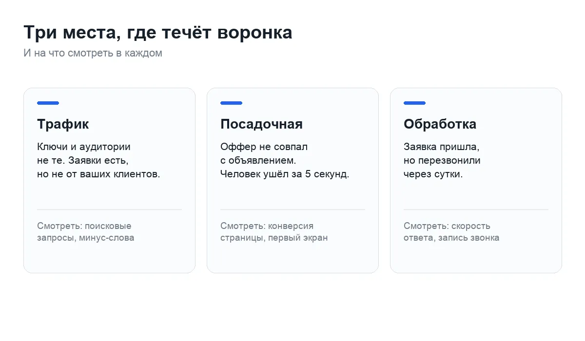 Три места утечки в воронке продаж: трафик, посадочная страница и обработка заявки
