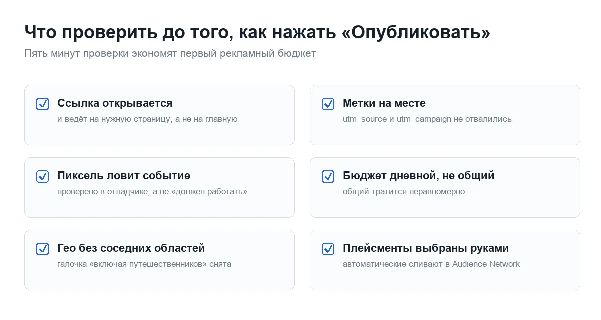 Чек-лист проверки рекламы Facebook перед запуском: ссылка, метки, пиксель, бюджет