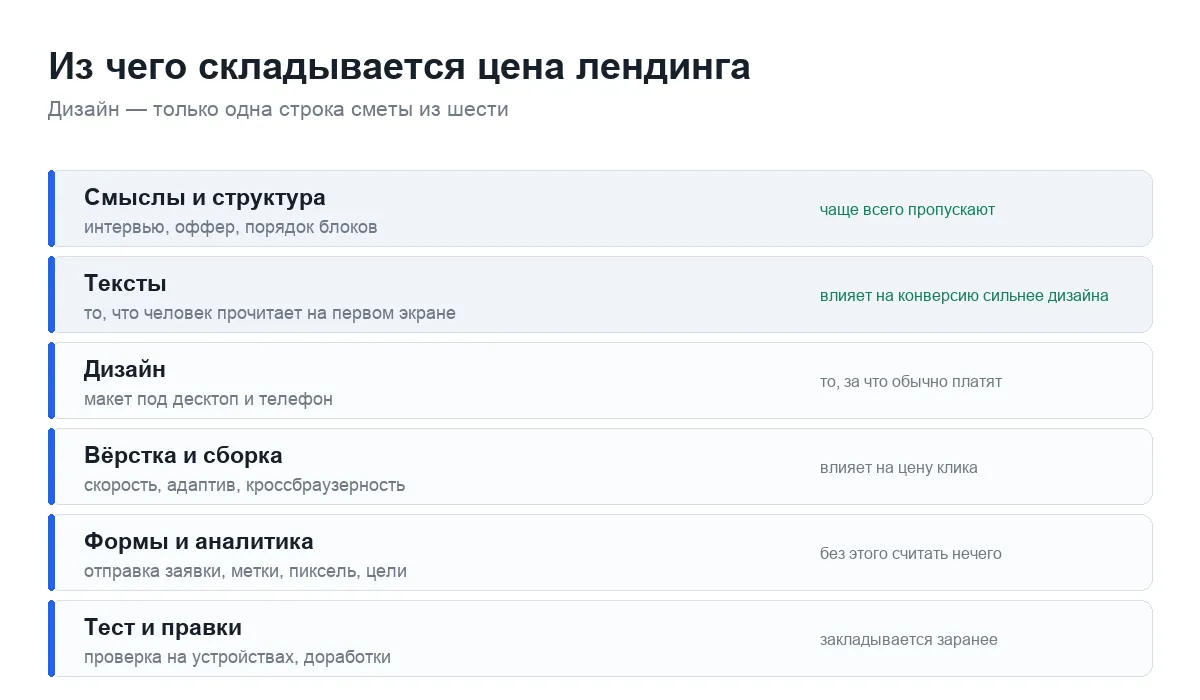 Шесть частей сметы на разработку лендинга: смыслы, тексты, дизайн, вёрстка, аналитика, тесты