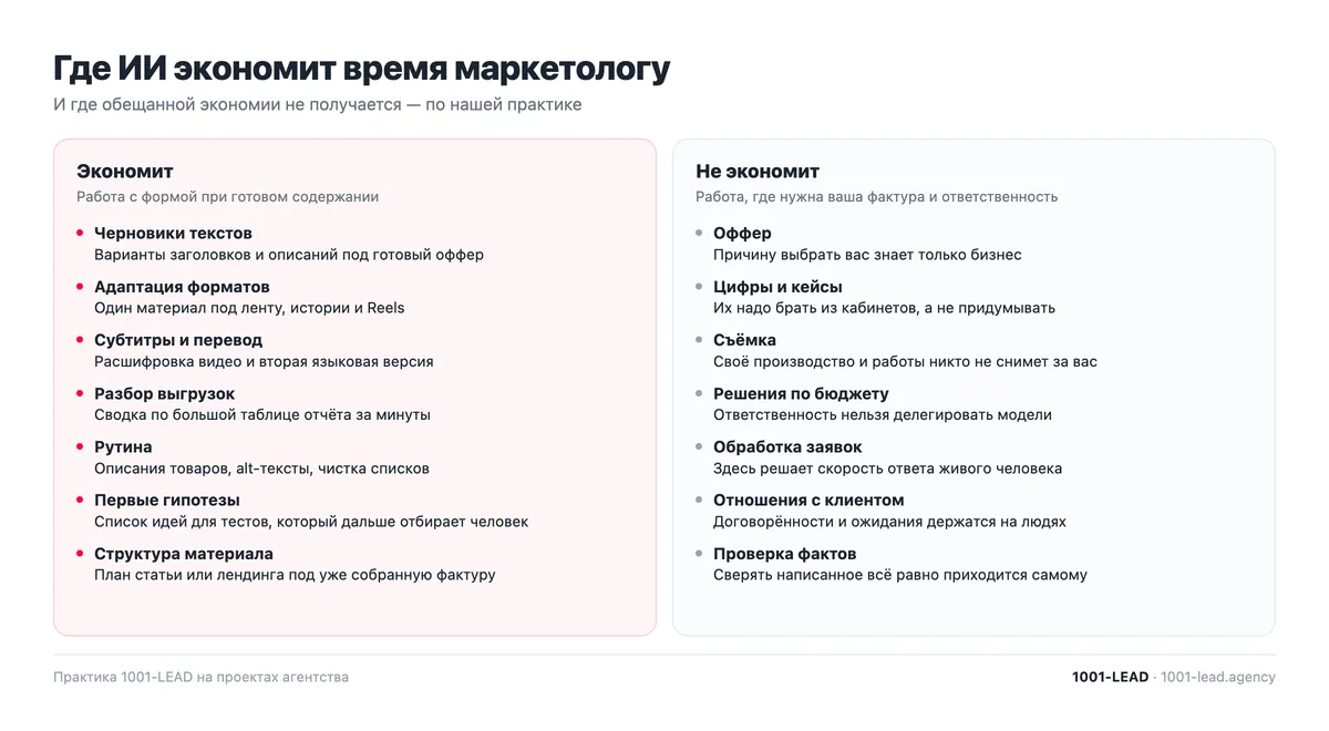 Задачи маркетинга, где ИИ экономит время, и задачи, где не экономит