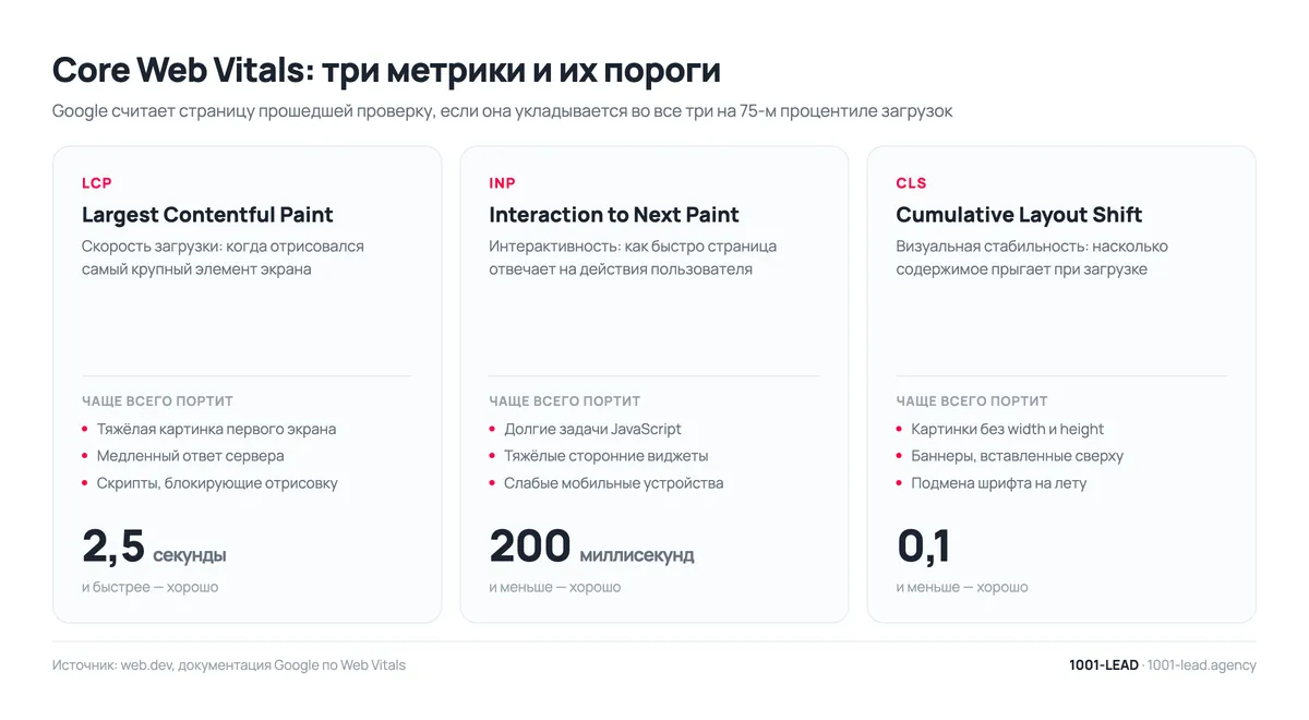 Core Web Vitals: пороги LCP 2,5 с, INP 200 мс и CLS 0,1