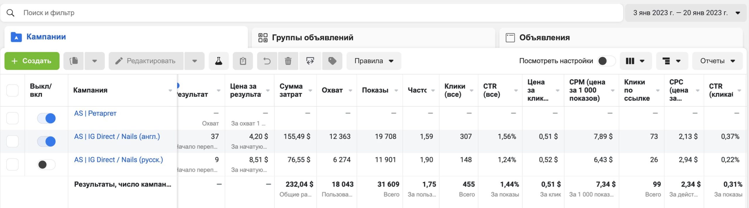 Ads Manager студии маникюра Bemma nails за 03.01.2023 — 20.01.2023: кампании на английском и русском