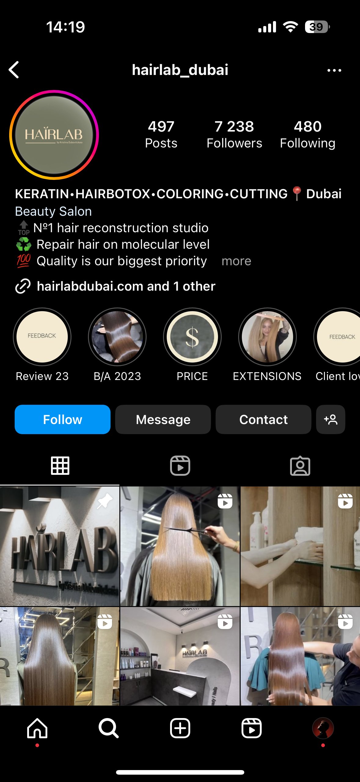 Профиль Instagram студии восстановления волос Hairlab в Дубае: кератин, ботокс, окрашивание, стрижки