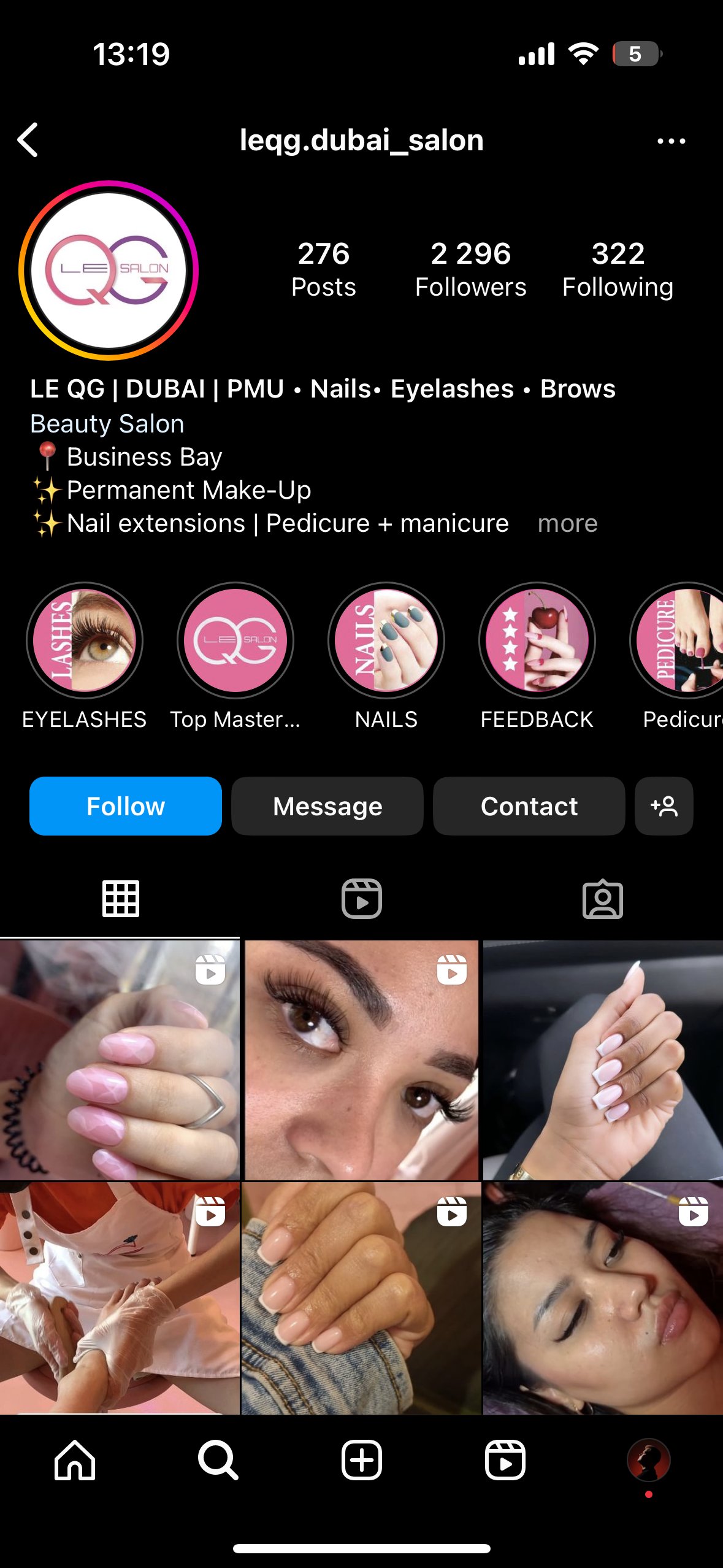 Профиль Instagram салона красоты LE QG в Business Bay, Дубай: маникюр, ресницы, брови, перманент