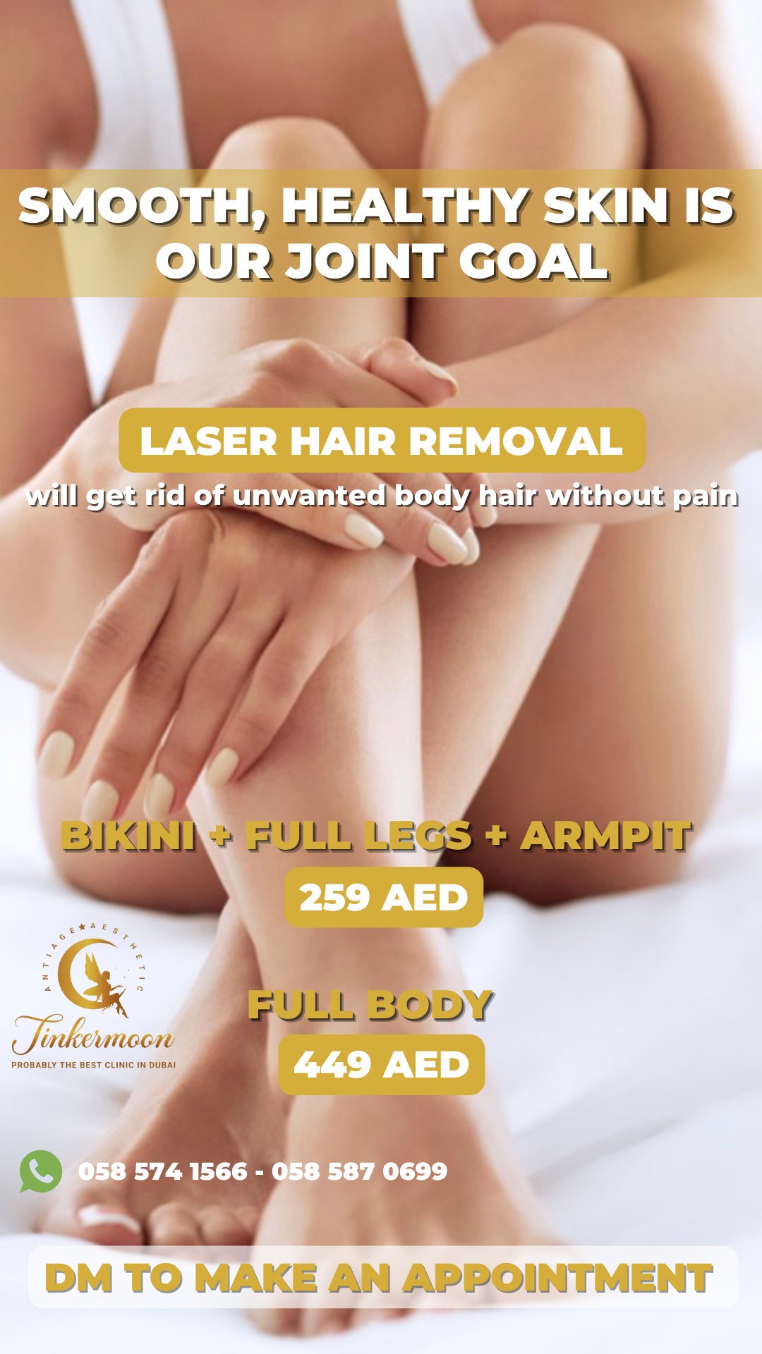 Tinkermoon Clinic, Дубай: бикини, ноги и подмышки 259 AED, всё тело 449 AED